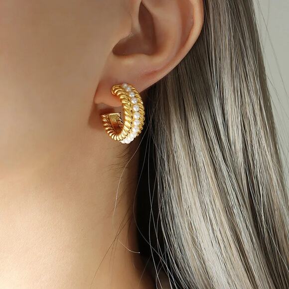 Pearl Vintage Woven C-Shape‎ Hoop Earrings 18K Gold Plated Stainless Steel - Picture 3 of 12